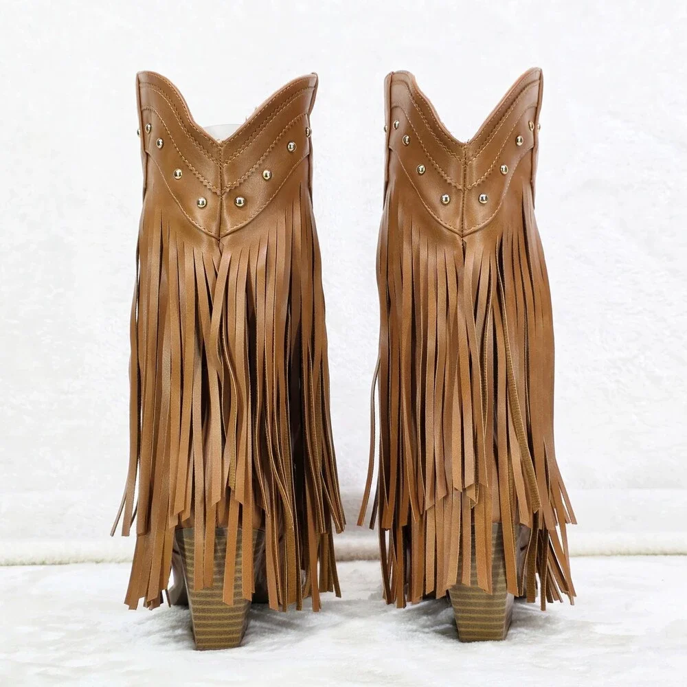 NIB Boundary Tan Faux Leather Layered Fringe Country Western Cowgirl Boots - Picture 4 of 8